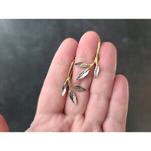 925 Sterling Silver Two Toned Leaf Shaped Dangling Pierced Earrings Vintage